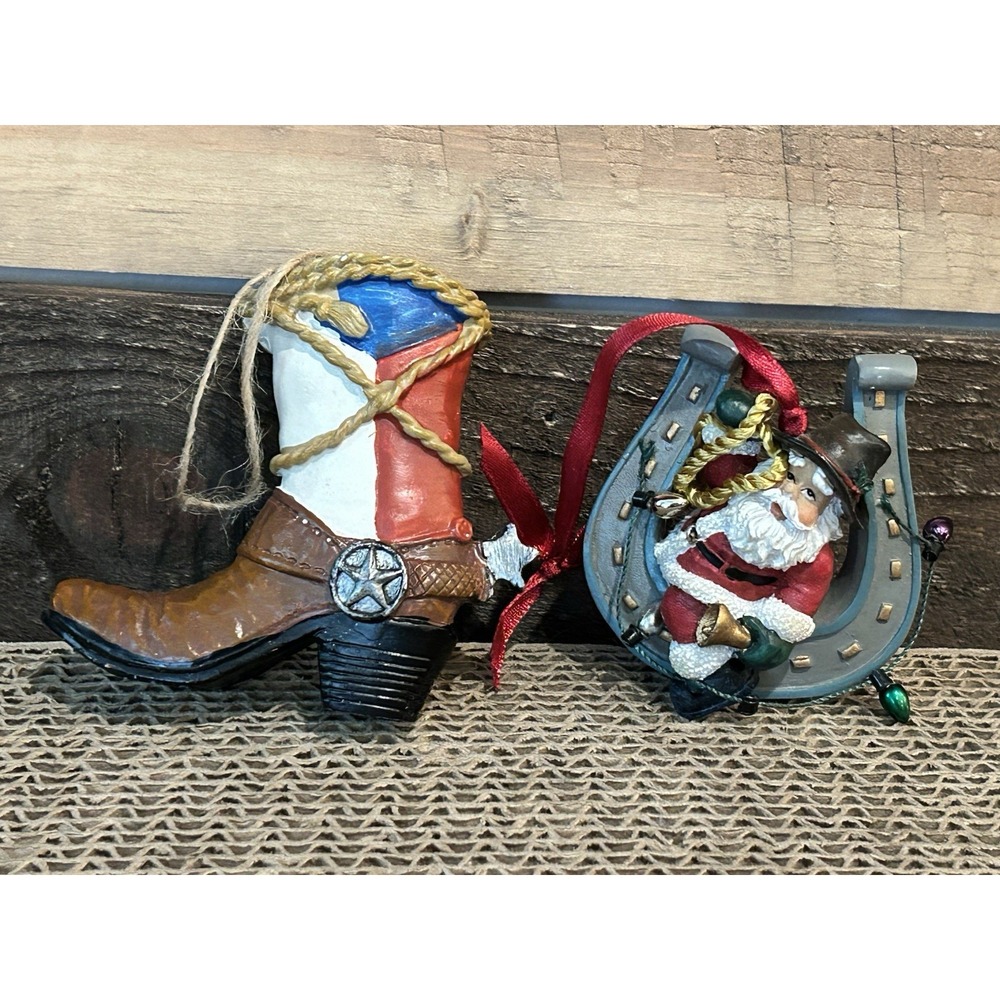 Western Cowboy Country‎ Christmas Ornaments Lot of 2 Boot Horseshoe Santa Cowboy